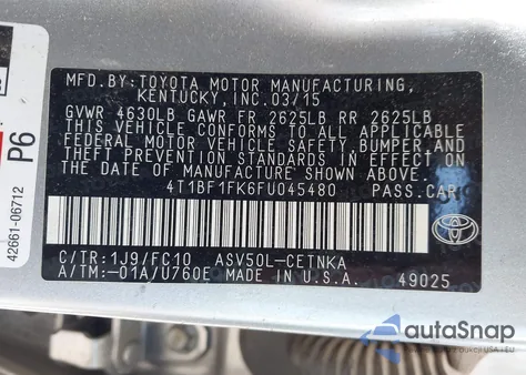 2015 Toyota Camry Le from USA, damaged, VIN 4T1BF1FK6FU045480